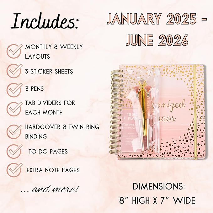 2025-2026 Monthly Large Planner- Daily, Weekly & Monthly Organizer with 3 Pens & Stickers - Organized Chaos Pink, January 2025 to June 2026, Stylish & Durable-CubbioJoy
