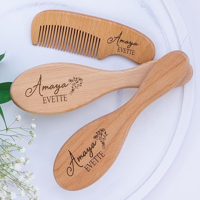 Custom Wooden Baby Brush Set | Personalized Wooden Baby Brush | Personalized Baby Gift Girls | Personalized Baby Gifts | Baby Brush and Comb Set | Custom Baby Gifts | Personalized Gifts-CubbioJoy