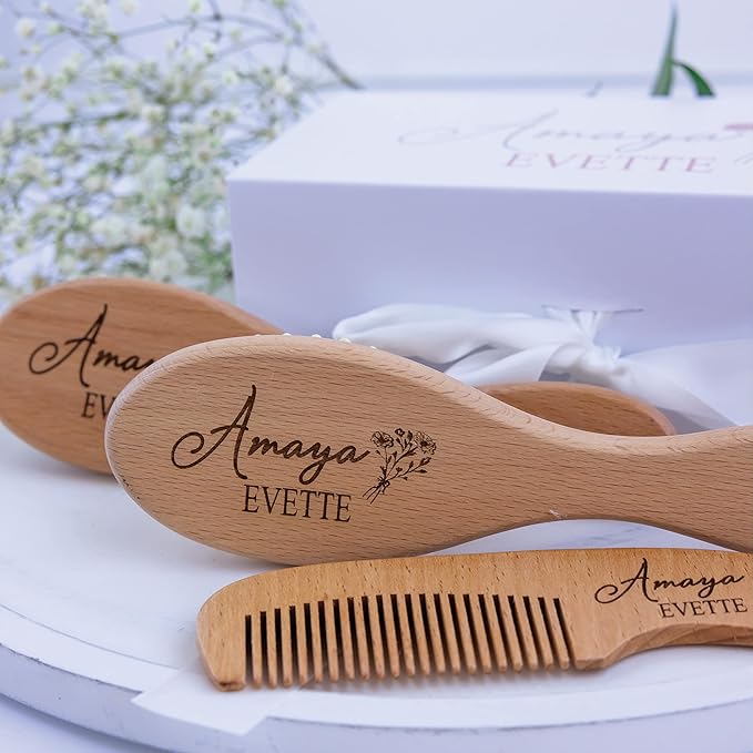 Custom Wooden Baby Brush Set | Personalized Wooden Baby Brush | Personalized Baby Gift Girls | Personalized Baby Gifts | Baby Brush and Comb Set | Custom Baby Gifts | Personalized Gifts-CubbioJoy