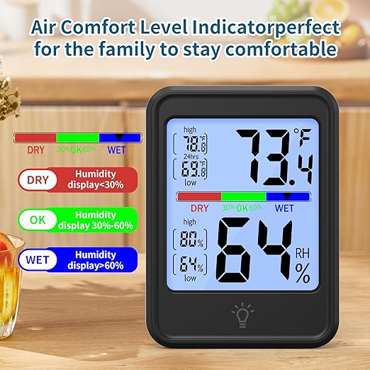 Digital Thermometer Hygrometer, Indoor Wall Thermometer, Indoor Humidity Temperature Monitor with Max&Min Records Backlit for 10S for Greenhouse, Home and Office Measuring Devices-CubbioJoy