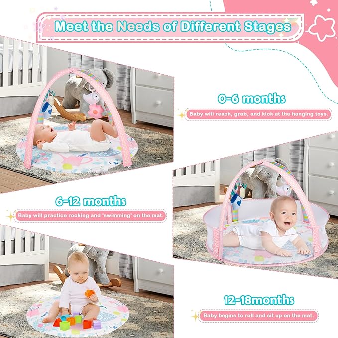 Baby Play Mat, 4-in-1 Baby Play Gym Tummy Time Mat with Ball Pit and 5 Detachable Toys for Newborn to Develop Sensory Exploration and Motor Skill 0-6-12 Months-CubbioJoy