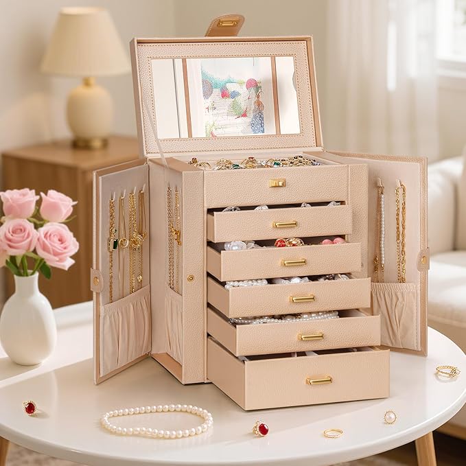 AKOZLIN 6-Tier Jewelry Box Organizer Functional 5 Drawers Leather Jewelry Storage Case for Women Girls Ring Necklace Earring Bracelet Holder Organizer with Mirror Champagne-CubbioJoy