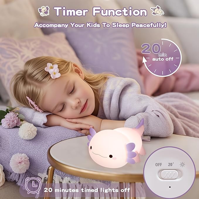 Axolotl Night Light for Kids,Cute Purple Axolotl Lamp,LED Squishy Nursery Nightlight, Food Grade Soft Silicone Novelty Animal Bedside Lamp,Adorable Room Decor, Axolotl Gitfs for Mother Girls Baby-CubbioJoy