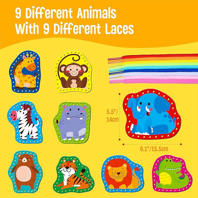 9 Pieces Kids Lacing Cards, Double Sided Sewing Cards in 9 Wild Animals with 9 Colorful Laces, Imagination Development Lacing Toys Games for Children Educational and Learning Activity-CubbioJoy