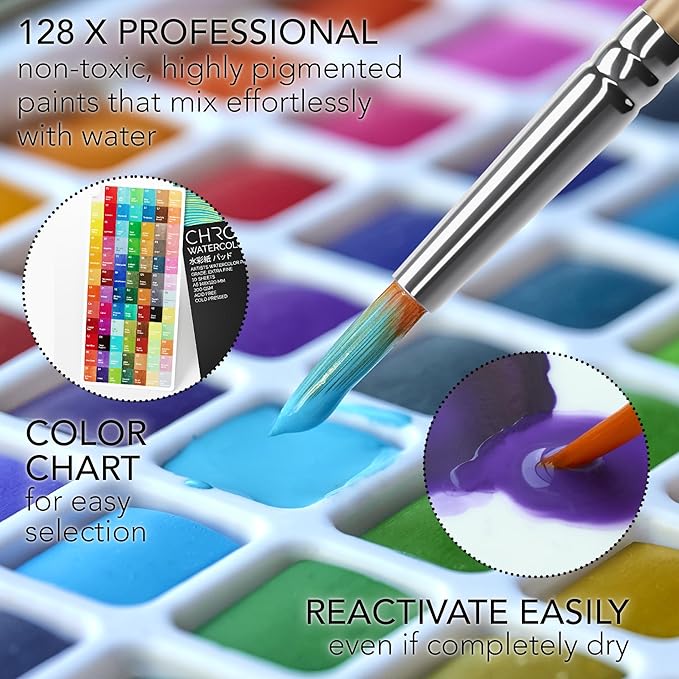 CHROMATEK Watercolor Paint Set – 128 Vibrant Colors for Artists & Beginners with Palette – Includes Metallic, Fluorescent, Pastel & Opaque Shades, Brushes, Pad, Swatch Sheets & Travel Case-CubbioJoy