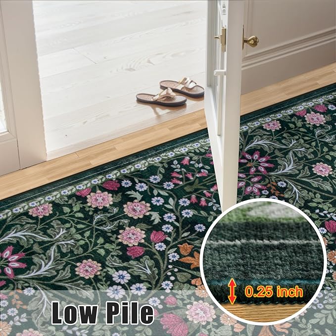 Area Rugs 9x12 Living Room: Floral Washable Rug Vintage Large Soft Boho Non-Slip Carpet Indoor Floor Stain Resistant Low Pile Carpets for Bedroom Dining Room Farmhouse Nursery Home Office Dark Green-CubbioJoy