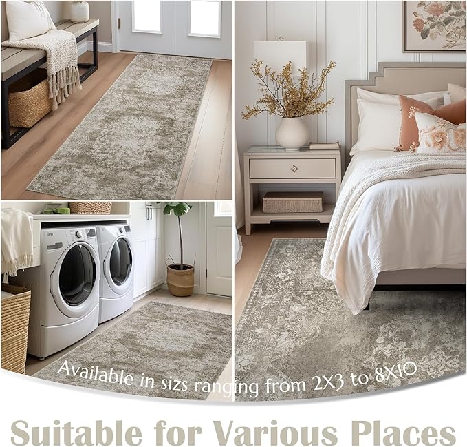 jinchan Vintage Floral Runner Rug 2x6 - Machine Washable Distressed Design Non-Slip Low-Pile Soft Thin Carpet for Hallway Kitchen Farmhouse Bedroom Entryway Laundry Room (2x6ft,Brown)-CubbioJoy