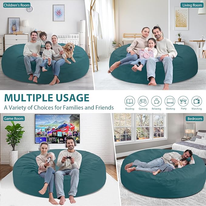 7FT Bean Bag Chair, Large Bean Bag Chairs with Memory Foam Filled, Fluffy Beanbag Sofa with Dutch Velvet Cover, Round BeanBag Chairs for Living Room, Playroom - Sea Blue-CubbioJoy