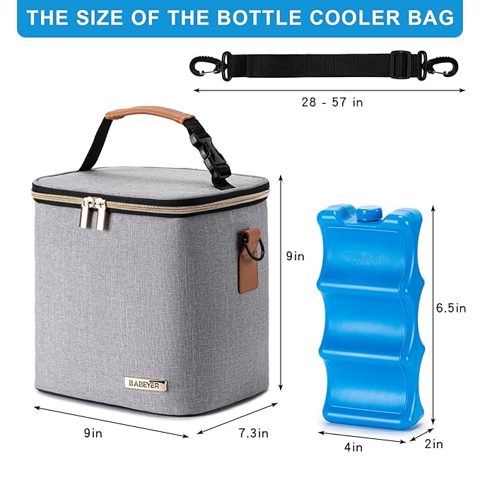 Breastmilk Cooler Bag with Ice Pack Fits 6 Baby Bottles Up to 9 Ounce, Baby Bottle Bag with Shoulder Strap for Nursing Mom Daycare, Grey-CubbioJoy