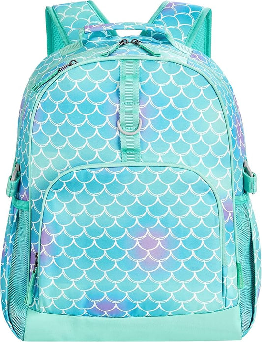 Choco Mocha Mermaid Backpack for Girls, Elementary School Backpack for Girls Ages 6-8 Kids Kindergarten Backpack Bookbag 17 Inch with Chest Strap, Green-CubbioJoy