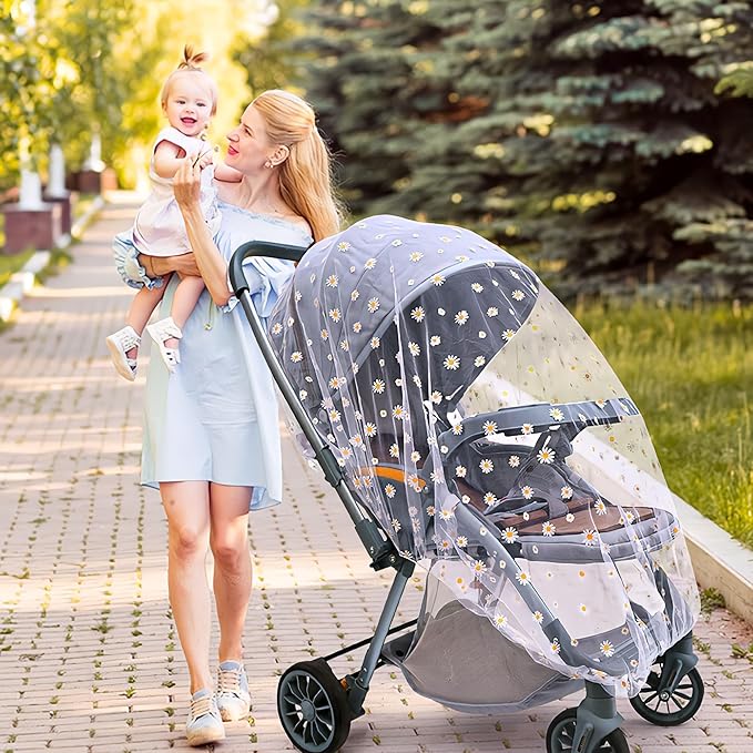 Baby Stroller Mosquito Net (2 Pack) - Durable Mesh Protection for Bassinets, Cradles, Playards, Pack N Plays & Portable Mini Cribs | Breathable Universal Fit Insect Barrier (Black + Daisy)-CubbioJoy
