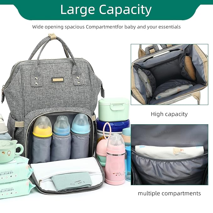 Diaper Bag Backpack, Diaper Bags for Baby Girls Boys, Baby Bags for Moms Dads, Nappy Changing Bag with Insulated Pockets,Multi-functional Waterproof Backpack with Stroller straps - Grey-CubbioJoy