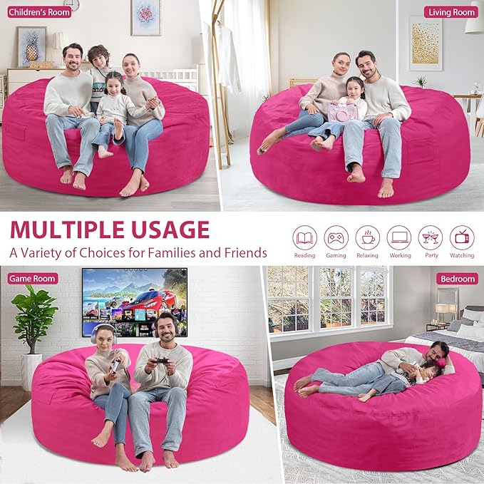 6FT Bean Bag Chair, Large Bean Bag Chairs with Memory Foam Filled, Fluffy Beanbag Sofa with Dutch Velvet Cover, Round BeanBag Chairs for Living Room, Playroom - Pink-CubbioJoy