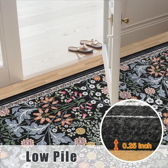 Area Rugs 9x12 Living Room: Floral Washable Rug Vintage Large Soft Boho Non-Slip Carpet Indoor Stain Resistant Low Pile Carpets for Bedroom Dining Room Farmhouse Nursery Hallway Home Office Dark Black-CubbioJoy