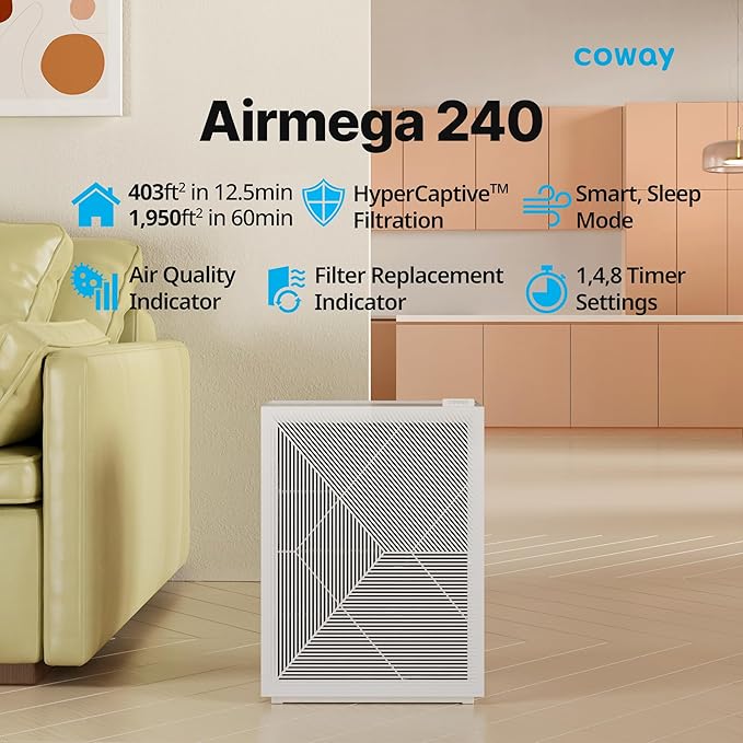 Coway Airmega 240 True HEPA Air Purifier with Air Quality Monitoring, Auto, and Filter Indicator, Dove White-CubbioJoy