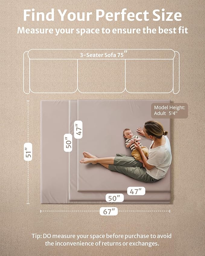 Blissful Diary Vegan Leather Baby Play Mat, 47x47 Thicken Foam Cushioned & Waterproof Playpen Mat for Infants and Toddlers, Stylish and Just Wipe-Clean Playmat for Baby Play on Floor, Taupe-CubbioJoy