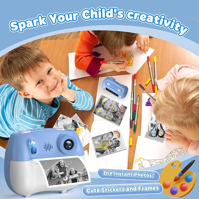 Instant Print Camera for Kids - Front Rear Dual Selfie Kid Print Camera, Fun Birthday Gift for Boys Ages 3-12, HD Digital Video Cameras, Easy to Use for Toddler - Blue-CubbioJoy