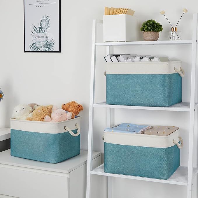Bidtakay Basket Storage Bins with Handles Fabric Large Storage Baskets for Organizing Set of 3 Collapsible Rectangular Basket for Shelves Closet Organizer 15 X 11 X 9.5 Inches(White&Teal Blue)-CubbioJoy