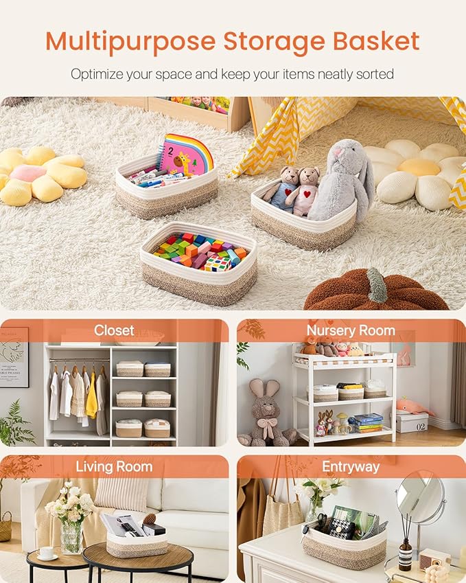 KALLAX Small Woven Basket, 12 x 8 x 4.5 Inches, Storage Basket for Organizing, Cute Small Rope Shelf Closet Cube Storage Bins Baskets for Shelves, Dog Toy Gift Baskets Empty, 3 Pack Gradient Brown-CubbioJoy