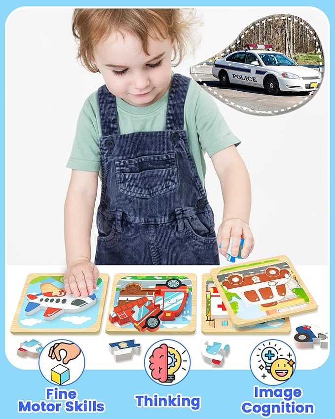 Benresive Wooden Toddler Puzzles, Montessori Toys for 1 2 3 Year Old Boys, Toys for 1 2 3 Year Old Boy Birthday Gifts, 4 Pack Vehicle Toddler Learning Educational Puzzles-CubbioJoy