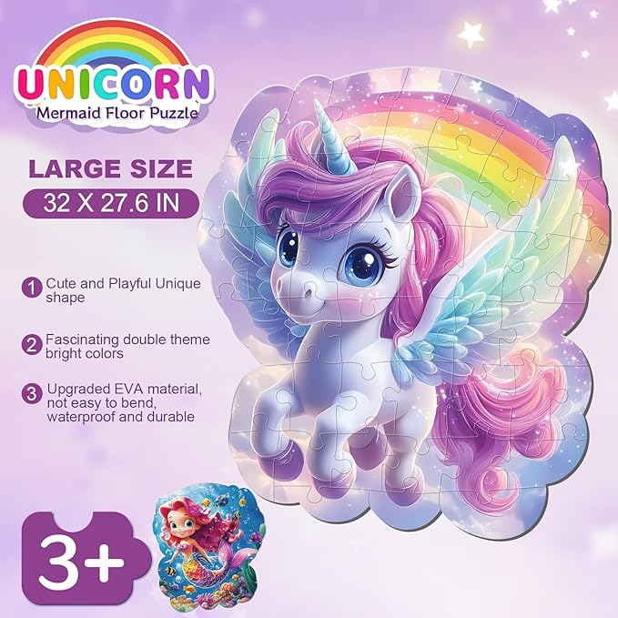 45pcs Unicorn & Mermaid Double-Sided Floor Puzzles, Ages 3-8, 27.6x32 In, Waterproof, EVA Material, Jumbo Jigsaw Puzzle, 1 Set of 45 Pieces-CubbioJoy