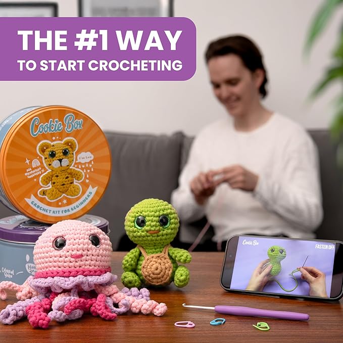 Cookie Box Crochet Kit for Beginners - Learn to Craft Amigurumi Stuffed Animals - Knitting Gift for Kids and Adults - Beginner-Friendly Yarn - Stitch-by-Stitch Video Tutorial - Turtle Hugo-CubbioJoy