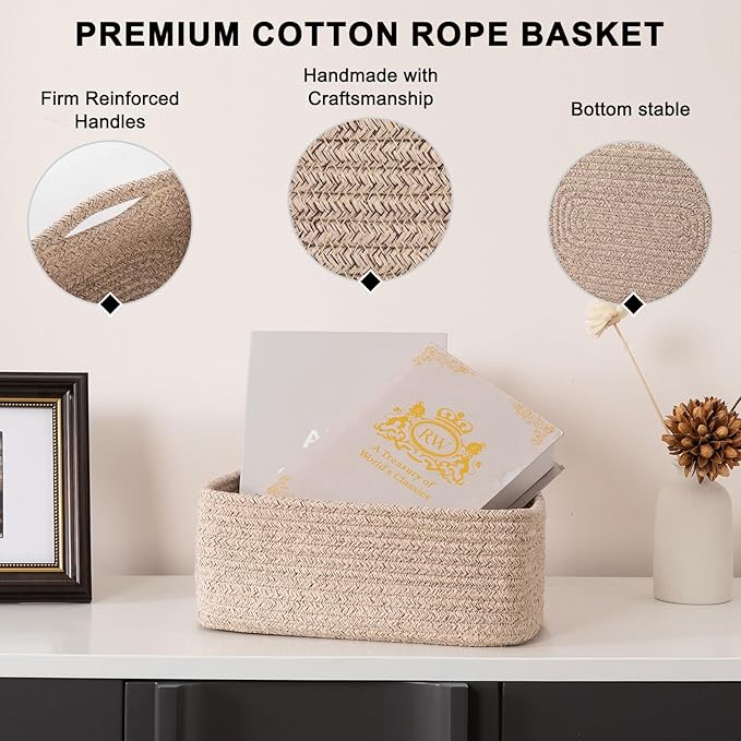 4 Pack Small Storage Shelf Baskets for Organizing, Mini Woven Rope Storage Bins for Towels, Cute Decorative Closet Organizer，Baby Nursery, Gift Empty Baskets -11.81''Lx7.87''Wx4.72''H'-Brown-CubbioJoy