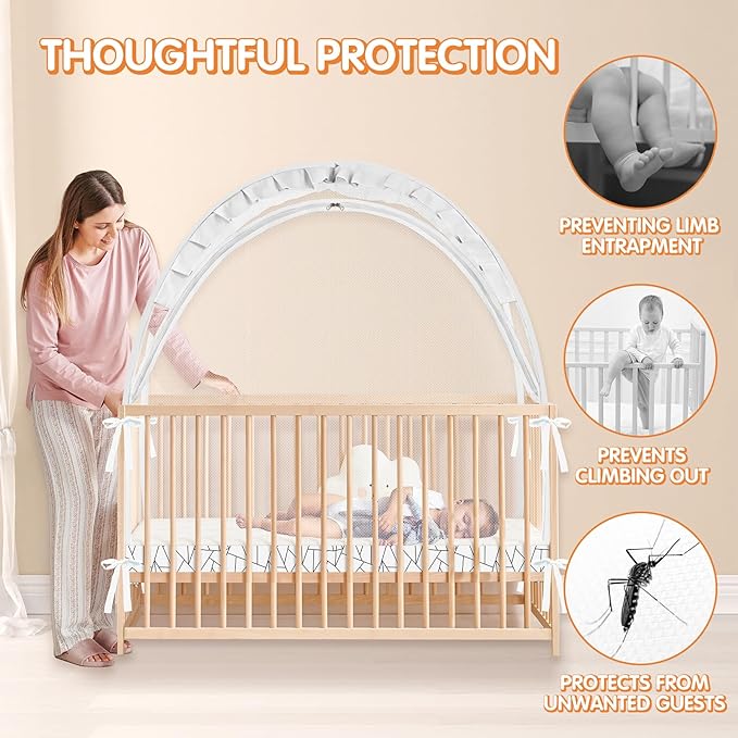 Crib Tent to Keep Baby from Climbing Out - Crib Net to Keep Baby in - Pop Up Breathable Cribs Cover - Canopy with Upgrade Strong Mesh and Durable Zipper (White - Lines, Lager)-CubbioJoy