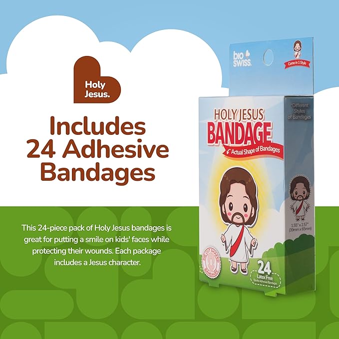 BioSwiss Bandages, Holy Jesus Shaped Self Adhesive Bandage, Latex Free Sterile Wound Care, Fun First Aid Kit Supplies for Kids and Adults, 24 Count-CubbioJoy