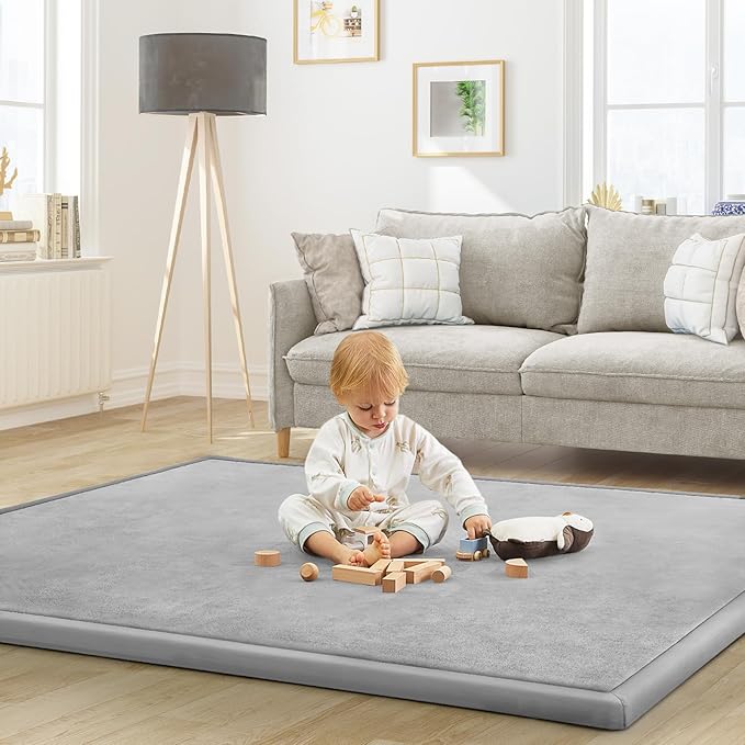 Baby Play Mat for Floor Tummy Time Mat Nursery Rug Muscle Mat Area Rug Playroom Rug Tatami Mat 6'7"x5'11" Memory Foam 1.3" Thick Crawling Mat for Babies,Toddlers, Infants, Kids(Light Gray)-CubbioJoy