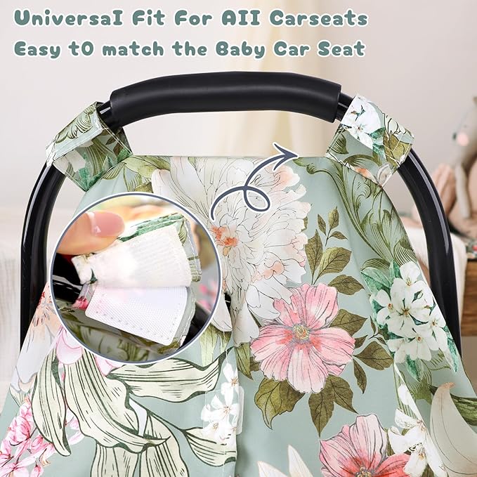 Car Seat Cover Baby, Flroal Infant Car Seat Canopy Covers for Newborn Girls Boys, Soft Breathable Minky Carseat Covers Stretchy Multi-Use Nursing Cover for Stroller Baby Car Seat, Green Leaf-CubbioJoy