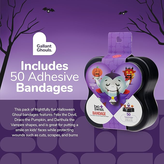 BioSwiss Bandages, Halloween Ghouls Shaped Self Adhesive Bandage, Latex Free Sterile Wound Care, Fun First Aid Kit Supplies for Kids and Adults, 50 Count-CubbioJoy