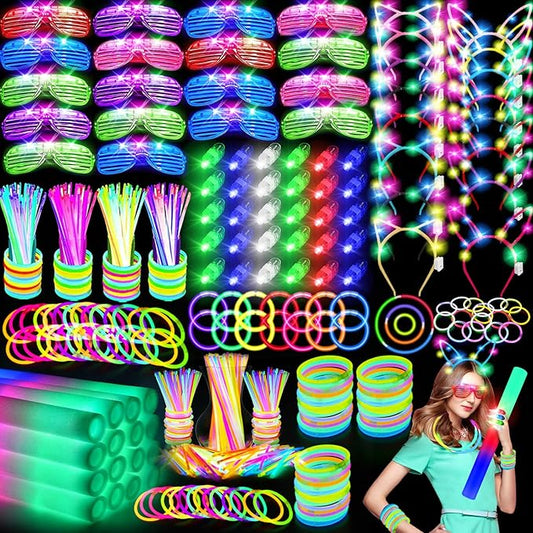 282 PCS Glow in the Dark Party Supplies, 18 Foam Sticks, 18 LED Glasses, 200 Glow Sticks, 30 Finger Lights, 8 Bunny Ear Headband and 8 LED Cat Ear Headband for Wedding,Birthday,Concert,New Year-CubbioJoy