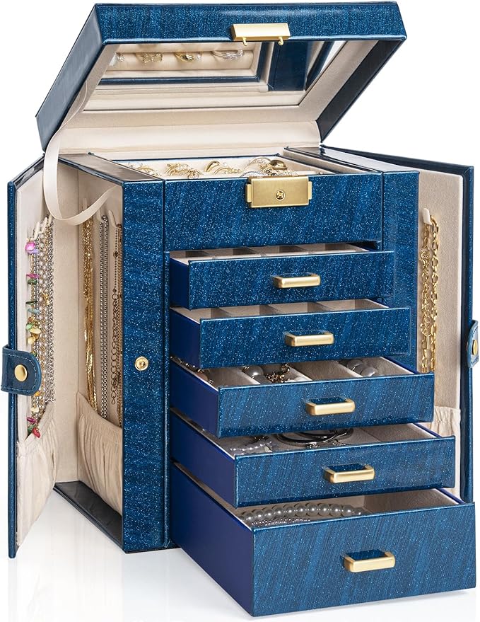 AKOZLIN 6-Tier Jewelry Box Lockable Leather Jewelry Storage Case with 5 Drawers for Women Girls Ring Necklace Earring Bracelet Holder Organizer with Mirror Blue-CubbioJoy