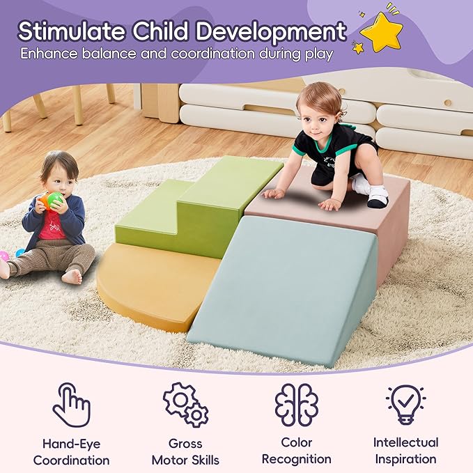4 Piece Foam Climbing Blocks for Toddlers, Baby Climbing Gym with Ultra High Density Foam for Crawling and Sliding, Indoor Soft Play Set for Infant, Babies & Kids - Multicolor (Multicolor A, 4-Piece)-CubbioJoy