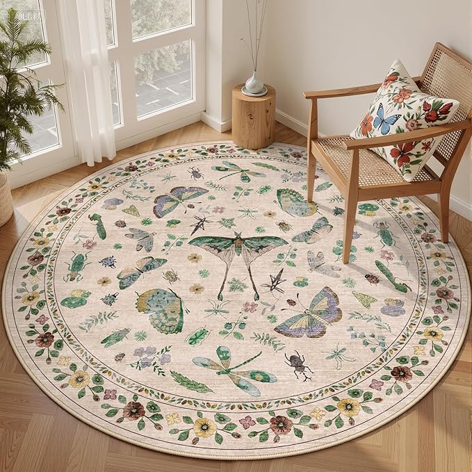 4ft Washable Round Rug - Bug Rugs for Living Room Non-Slip Low Pile Soft Ultra-Thin Machine Washable Circle Carpet for Bedroom, Entryway, Nursery, Kitchen, Home Office (4' Round Beige)-CubbioJoy