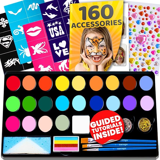 28 Color Face Painting Kit for Kids - Blue Squid Face Paint Kit Palette with 160pc accessories Stencils, Water Activated Non Toxic Washable Professional Facepaint body set Halloween Party Makeup-CubbioJoy