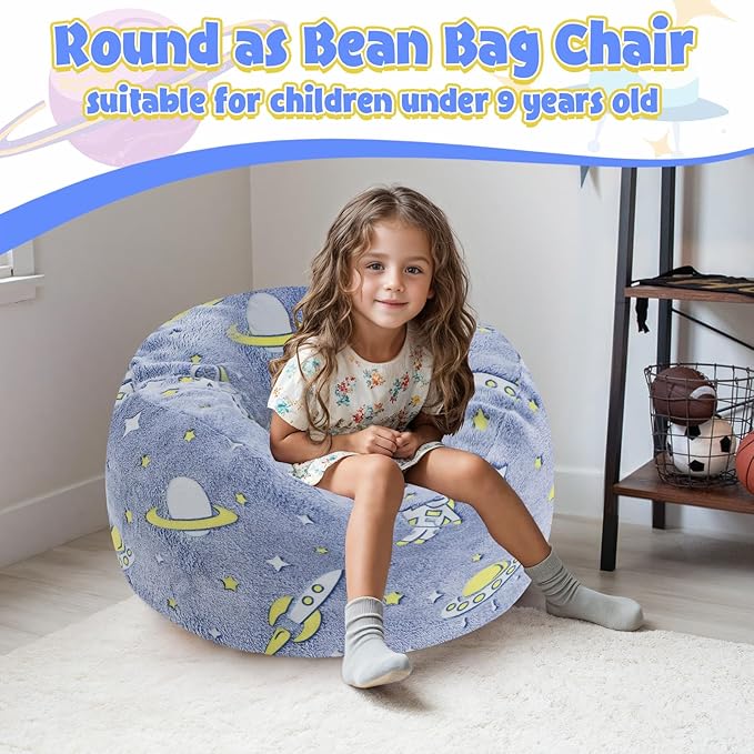 COMAX Kids Bean Bag Chair Turn into Beanbag Bed, Toddler Bean Chair for Girl Boy Sleeping, Lazy Children Bean Bags with Filler, Convertible Child Floor Mattress, Blue Universe-CubbioJoy