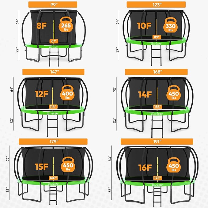 JUMPZYLLA Trampoline Outdoor 8FT 10FT 12FT 14FT 15FT 16FT with Enclosure and Ladder, ASTM Approved Recreational Trampoline for Kids and Adults, Anti-Rust Coated Frame-CubbioJoy