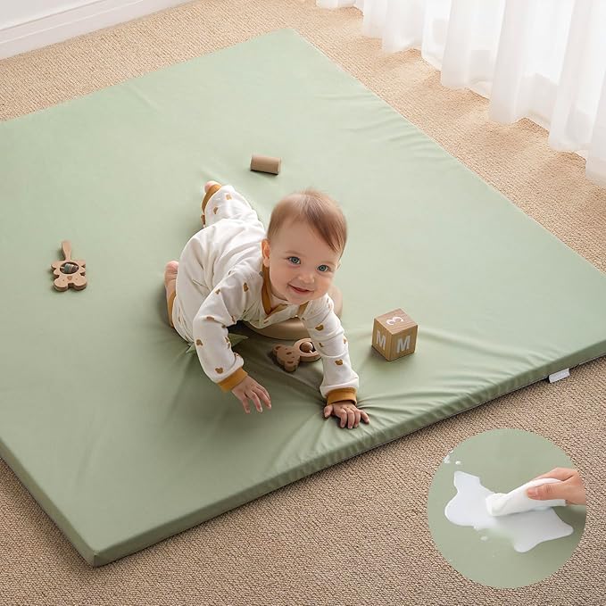 Blissful Diary Vegan Leather Baby Play Mat, 50x50 Thicken Foam Cushioned & Waterproof Playpen Mat for Infants and Toddlers, Stylish and Just Wipe-Clean Playmat for Baby Play on Floor, Light Green-CubbioJoy