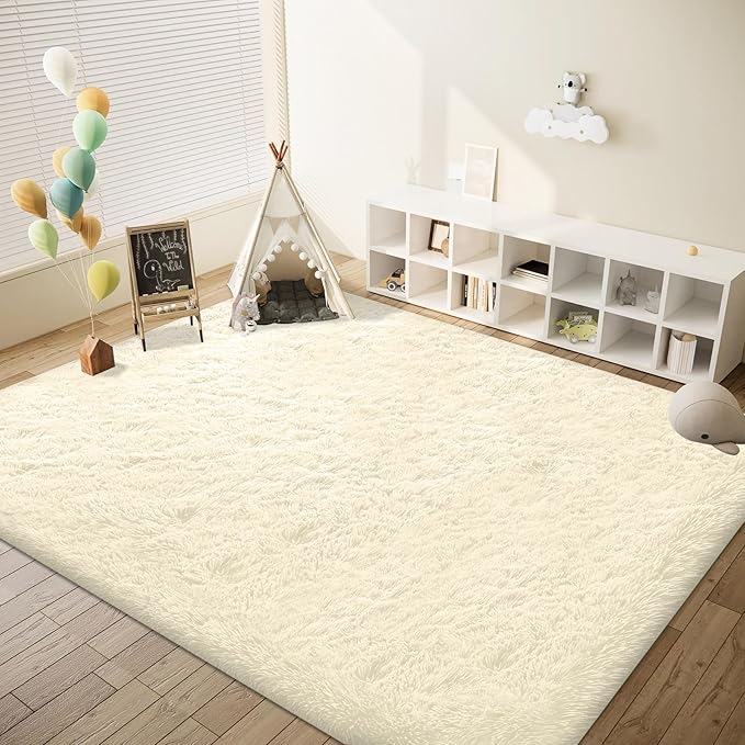 6x9 Area Rug for Living Room: Fluffy Shag Soft Washable Rugs Large Fuzzy Plush Indoor Carpet for Bedroom Nursery Playroom Kids Girls Boys Room (Cream White, 6'x9')-CubbioJoy