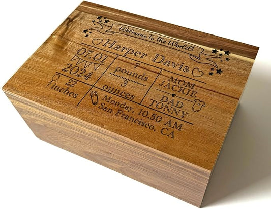 Custom Baby Gift Birth Stats - Newborn Keepsake Box for Memories - Custom Engraved Gift for Boy or Girl - New Born Memorabilia Boxes - Welcome to the World Memory Chest Baby Shower - 11 x 8 x 4.75 in-CubbioJoy