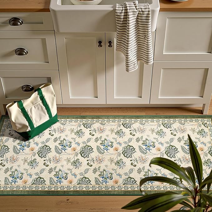 jinchan 2x5 Floral Runner Rug for Hallway Washable Kitchen Runner Vintage Romance Design Non Slip Thin Indoor Floor Cover Low-Profile Throw Carpet for Entryway Bathroom Bedroom Porch, Green/Beige-CubbioJoy