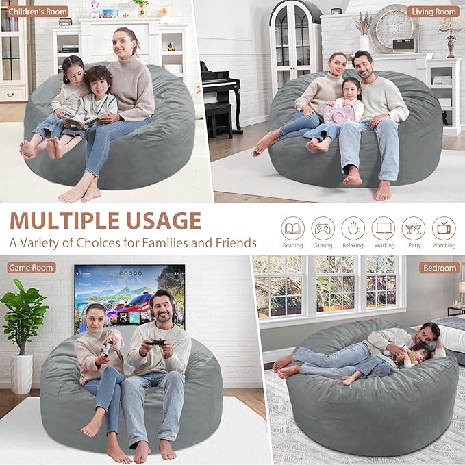 5FT Bean Bag Chair, Large Bean Bag Chairs with Memory Foam Filled, Fluffy Beanbag Sofa with Dutch Velvet Cover, Round BeanBag Chairs for Living Room, Playroom - Light Grey-CubbioJoy