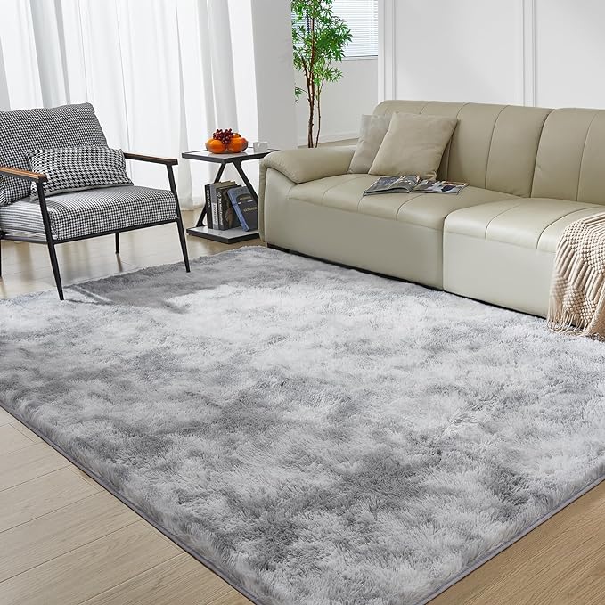 5X8 Ultra Soft Rug for Living Room, 5X8 Fluffy Shag Area Rug for Bedroom, Modern Shaggy Carpets Fuzzy Rug for Teens Dorm Nursery Home Decor Aesthetic, Upgrade Anti-Skid Durable, Tie-Dyed Light Grey-CubbioJoy