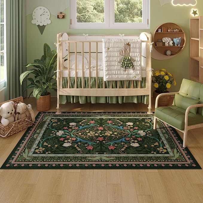 Bedroom Rug 3x5 Rug Washable Area Rug Non Slip Low Pile Vintage Floral Botanical Small Carpet for Bedroom, Bedside, Kitchen, Entryway, Kids Room, Office, Green-CubbioJoy