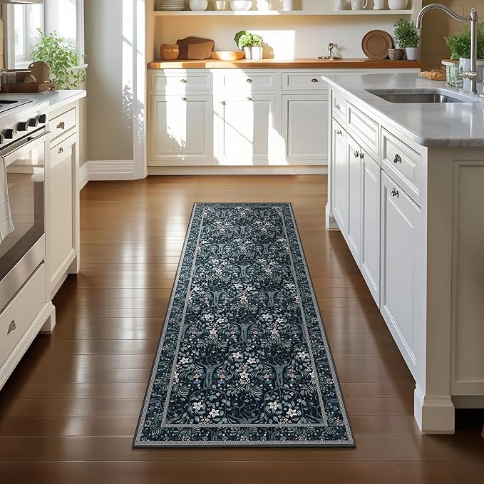 Joydeco Floral Washable Runner Rug for Kitchen, Forest Hallway Rug Runner 2x6 Non Slip, Boho Botanical Ultra-Thin Soft Indoor Floor Throw Carpet for Bathroom Entryway Foyer, Blue-Black-CubbioJoy
