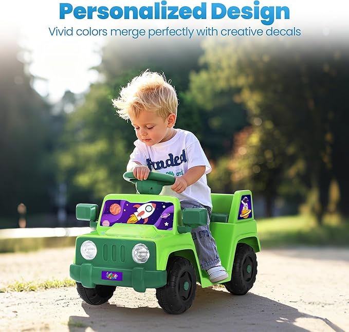 6V Toddler Ride On Car Interactive Electric Car with Horn LED Front Light Rear Storage Stellar Galaxy Theme Perfect for Boys & Girls 18+ Months Safe & Fun for Little Explorers(Green Space)-CubbioJoy