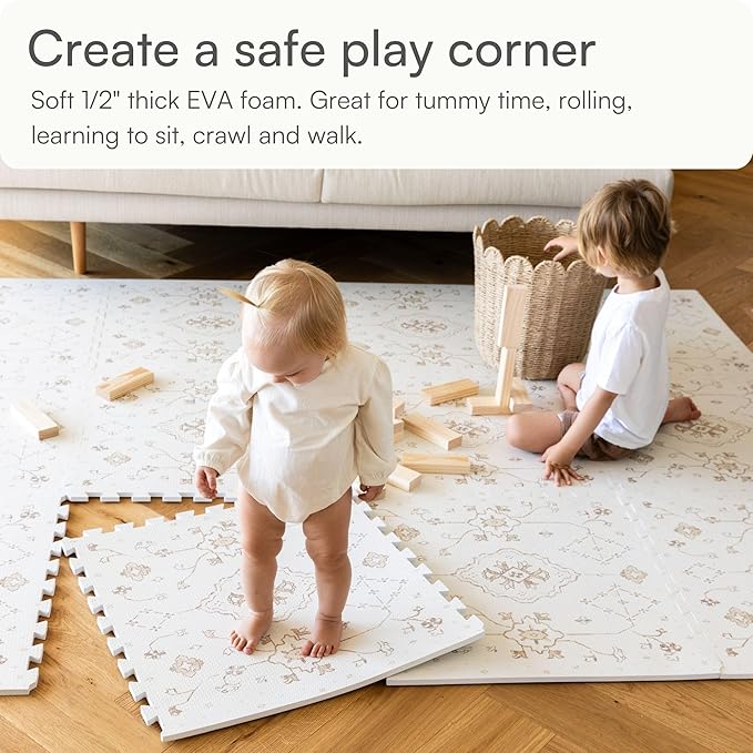 Baby Play Mat for Floor – 6x6ft Vintage Vanilla | Soft Non Toxic Premium EVA Foam Tiles for Tummy Time, Crawling & Playroom – Waterproof Floor Mat for Babies & Toddlers Lillefolk (9 Tiles)-CubbioJoy