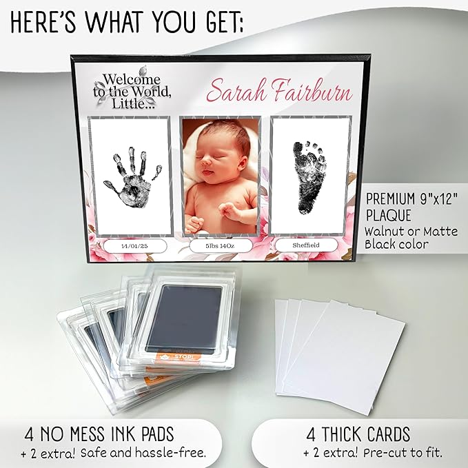 Baby Hand and Footprint Kit with Photo & Birth Details, Inkless Hand and Footprint Kit, Newborn Keepsake Plaque, Baby Shower Gifts (STYLE 1 (Fully Personalized) (Welcome To The World - Baby Girl))-CubbioJoy